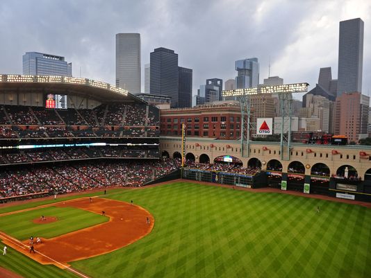 Minute Maid Park outfield with grass star wall during a MLB